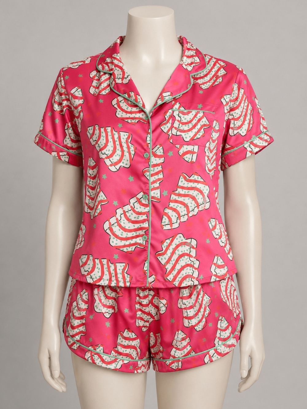 Women's Bright Pink Short Pajama Set Featuring Christmas Tree Cakes